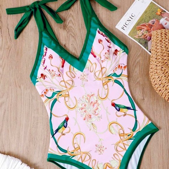 Callie Lives Other - Hummingbird Le Fleur Pink Green Retro Scarf Swimsuit